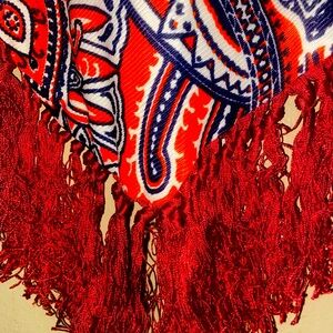 Paisley scarf/ wrap- Orange and blue, red fringe! OOAK!